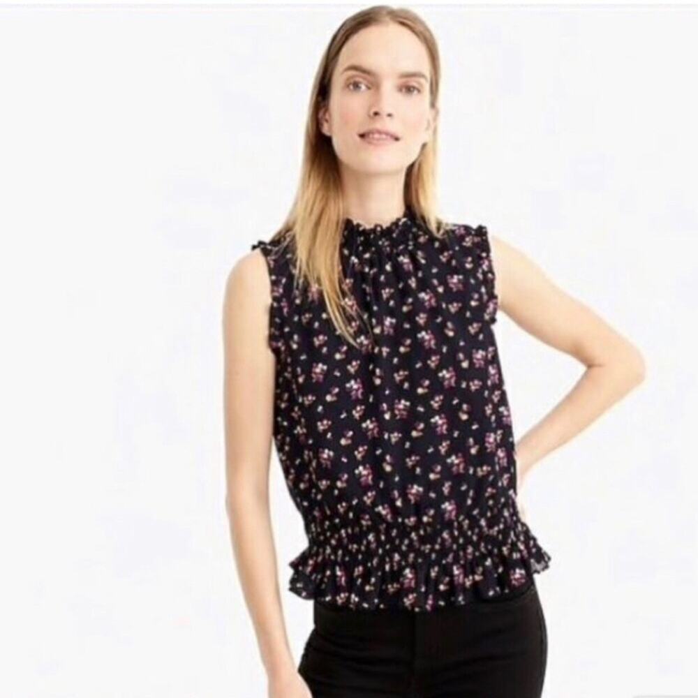 J. Crew Smocked ditzy Floral Sleeveless Ruffle Navy Blue Pink Top Women’s Size 6